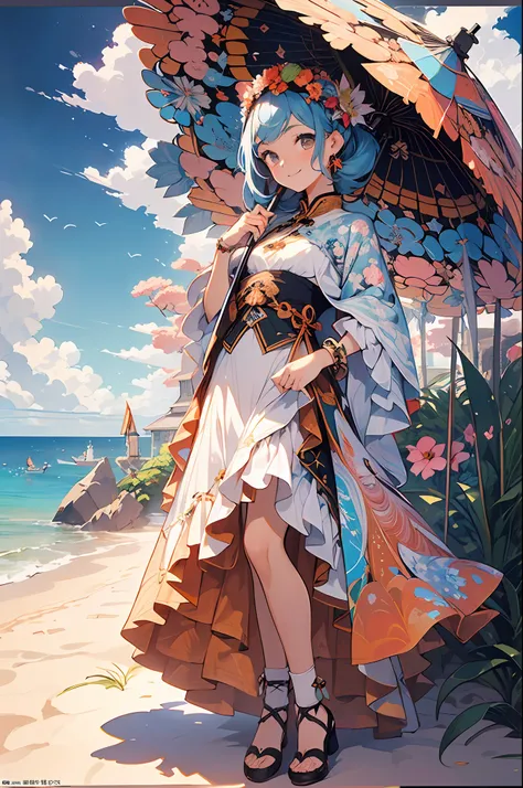 ((flowercrown),((beach parasol))，innocent smiles、eye glass、veranda、ancient city、(1 girl, Solo:1.6),(Cute smile),(Clothes are simple), (Best Impact:1.5), (maximalism:1.7), Vivid contrast, (Realistic), hyperrealistic illustrations, hight resolution, ultra-de...