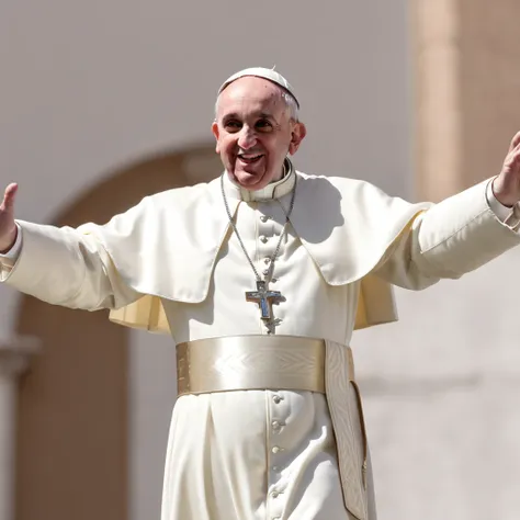 (Professional 3D rendering:1.3) de (Realistic:1.3) (Professional 3D rendering:1.3) de (Realistic:1.3) Papa Francisco no Vaticano, the arm outstretched in greeting, the majestic architecture of the Vatican in soft focus from behind, feixes de luz filtrando ...