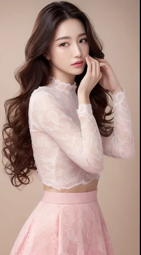 ((top-quality、8K、​masterpiece:1.3))、realskin、Marble background、FULL BODYSHOT、女の子1人、Beautiful woman with slender abs:1.3、(long curly hair、爆乳:1.2)、sexy facial expression、Long Sleeve Pink Lace High Neck Shirt:1.1、hyperdetailed face、A detailed eye、Double eyeli...