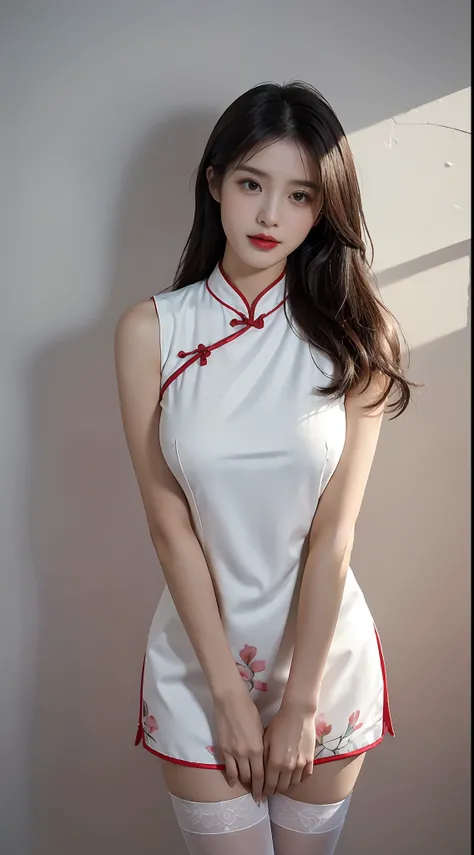 A perfect young female white-collar worker，Chinese big breasts，High picture quality，Works of masters，Black hair，Long hair shawl，Long hair flowing over the shoulders，cropped shoulders，鎖骨，exquisite face，Hydrated red lips，on cheongsam，Chinese pink printed che...