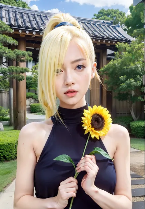 real Life adaption of this character,her name is Ino Yamanaka from anime boruto ,hyper realistic ,detailed yellow ponytail hair , high resolution, photorealistic,very detailed,realistic outfit,Japanese teen cute face ,detailed shining blue eyes