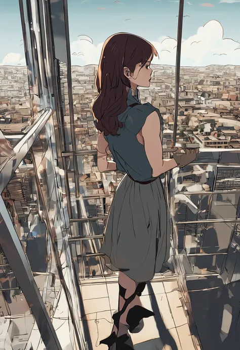 In an old high-rise building，Girl leaning against the railing，Look at the sky out of the corner of your eye