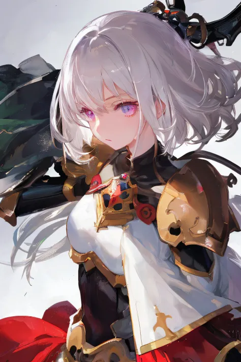 (Best Quality), (masutepiece), 1 girl, Upper body, Detailed eyes, Detailed Armor, hiqcgbody, Medium chest, White hair, Eye color - red, Perfect face, Fantasy background, depth of fields, Look at the viewer, Motion Blur ,