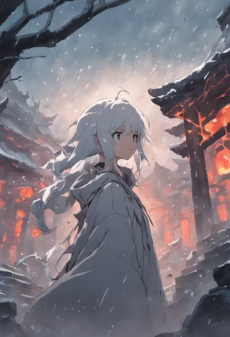 ((Ruined village+Reduced to ruins)Epic scenes, Its snowing), (White-haired girl+Young girl with white hair), (Evil smiled), (dark-skin+The giant ghost of the big horn)