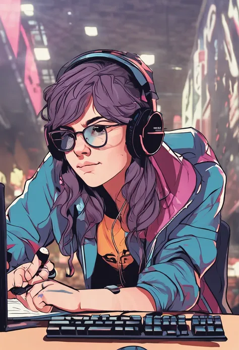 an image that captures the essence of a skilled gamer girl in the heat of competition, surrounded by her gaming setup and displaying intense focus and determination