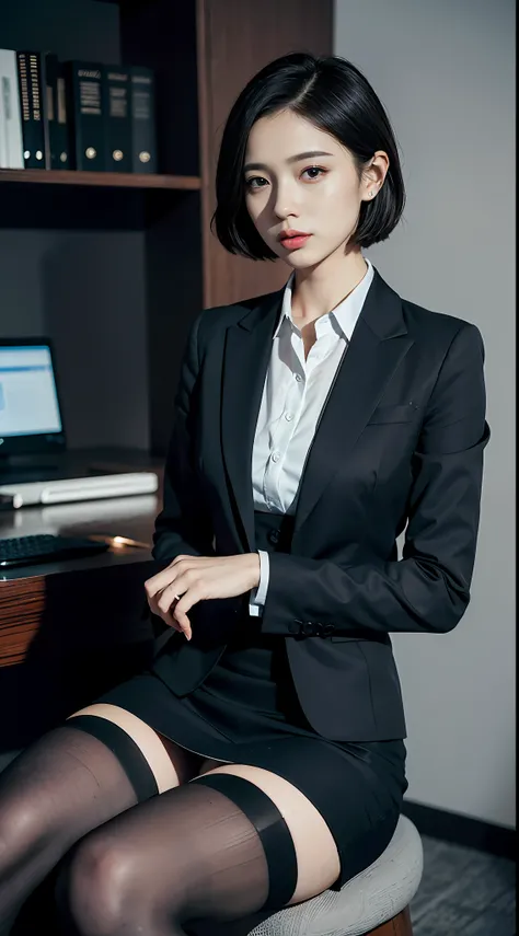 face is :9,1714884241], Classy upper-class elite secretary in business shirt, Sitting in a chair and working in the office、Wearing a strict business suit, (Wearing pantyhose)、(Short Layer Hair)、crossed legs, Wear high-end high heels、 (thighhighs and skirt)...