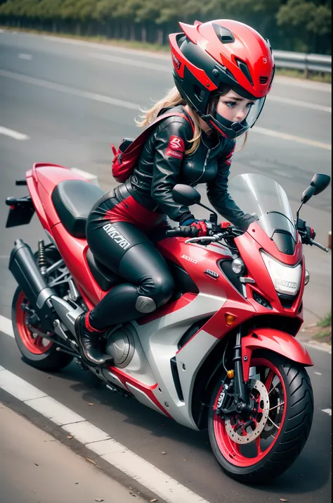 Girl straddling scooter　Honda ADV150　Red Scooter　Girl in racing suit　ﾊﾞﾚﾝﾃWearing an Innorossi helmet　Make your bike more like the design of the ADV150