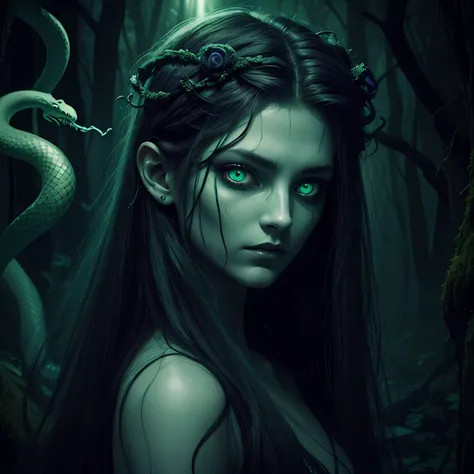 dark, unholy, evil, astral, creepy style, undead, rotting skin, mystical, nice perfect face with soft skin, young beautiful medusa portrait in the forest, greek mythology, smoke, mist, night, snakes hair, medusa, glowing green eyes, from behind, light gree...