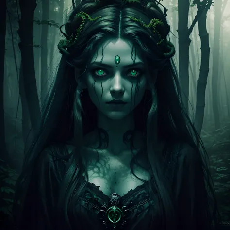 dark, unholy, evil, astral, creepy style, undead, rotting skin, mystical, nice perfect face with soft skin, young beautiful medusa portrait in the forest, greek mythology, smoke, mist, night, snakes hair, medusa, glowing green eyes, light green glow, void