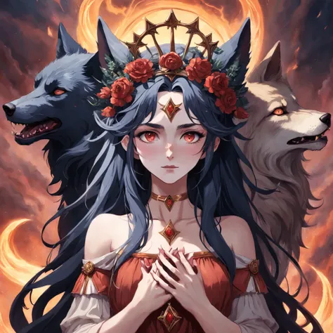 a photo of a woman with a crown and three wolves, hecate goddess, Hecate, pagan goddess, Deusa do Submundo, Norse goddess, persephone as goddess of death, Deusa da Raiva, Rainha do Submundo, deusa. detalhes extremamente altos, Mito grego do ritual escuro, ...