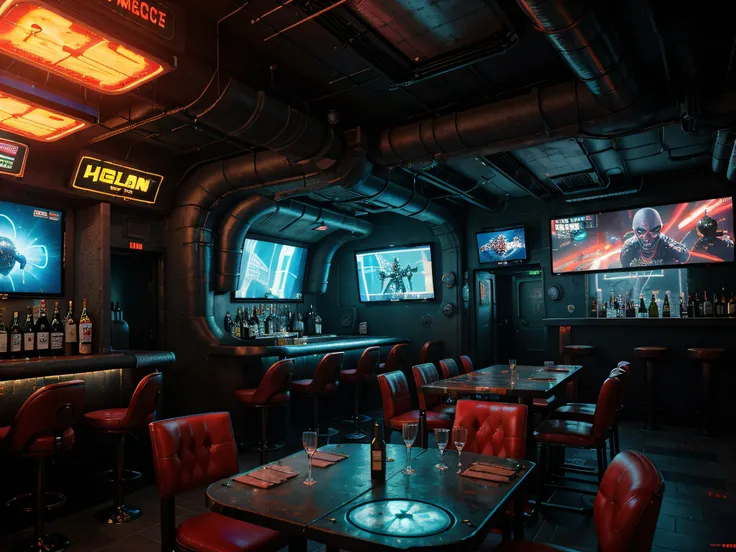 hyper realistic photograph, GAME SCENE, alien, cyberpunk bar, restaurant, high tech details, desert, wind, realistic colors, 64k, Masterpiece, ULTRAHD