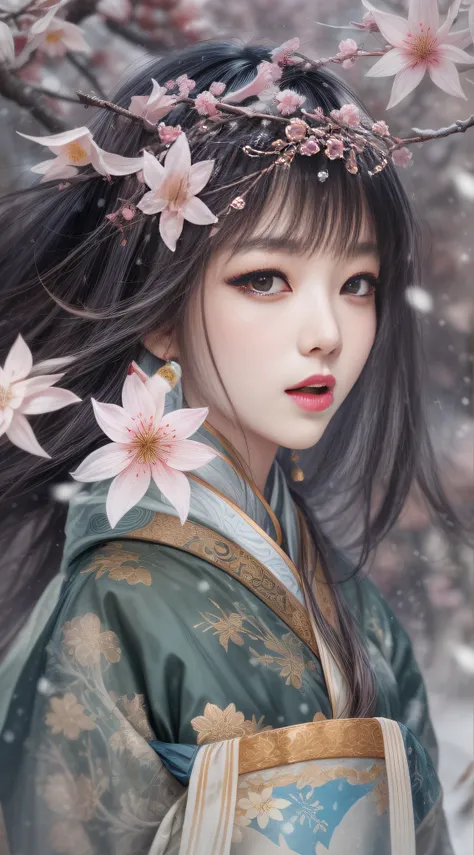 （Blurred foreground：It was snowing heavily：2.0，），（Plum blossoms fall snowflakes：1.6），（Chinese Song dynasty beauties dancing），（realisticlying，anatomy correct，Korean star face，ssmile，The hands and face are very delicate and clear），（Stand in the middle of a q...