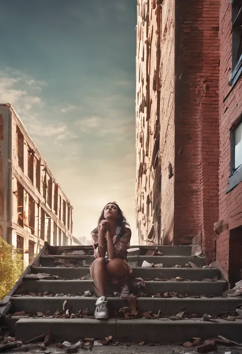 In a high-rise building with discarded bricks，Girl leaning against the railing，Looking up at the corner of the sky, desperate and suffocating, but with the sun, there is no loss of hope