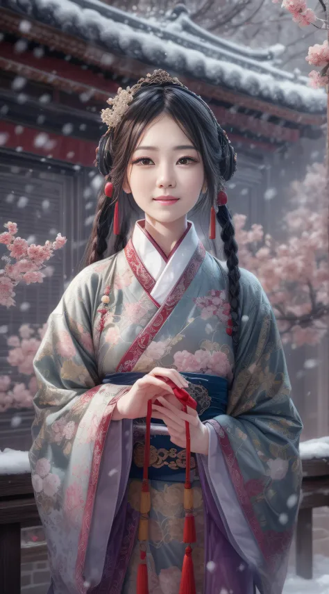 （Blurred foreground：It was snowing heavily：2.0，），（Plum blossoms fall snowflakes：1.6），（Chinese Song dynasty beauties dancing），（realisticlying，anatomy correct，Korean star face，ssmile，The hands and face are very delicate and clear），（Stand in the middle of a q...