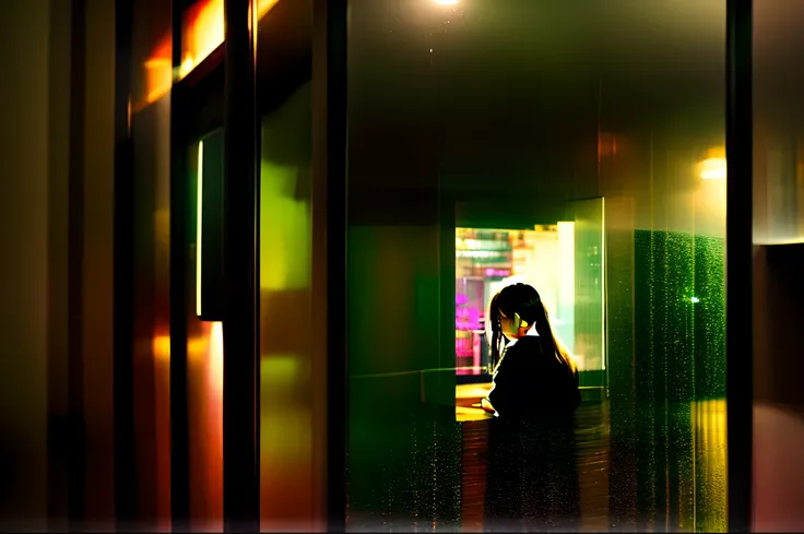 Cozy and dark atmosphere of the room，during night，big glass window，rainy outside，Movie neon color，Cyberpunk-city，White-haired, high-ponytailed Asian woman leaning against a glass window to overlook