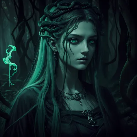 dark, unholy, evil, astral, creepy style, undead, rotting skin, mystical, nice perfect face with soft skin, young beautiful medusa portrait in the forest, greek mythology, smoke, mist, night, snakes hair, medusa, glowing green eyes, looking awa, from side,...