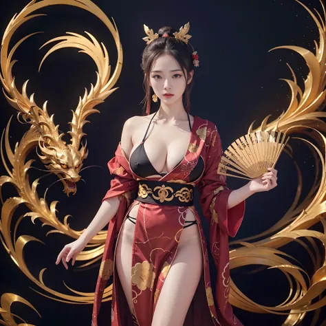 realphoto、Ultra Real Photos、Japan busty beauty wearing dark red kimono、I have a fan with a black gold handle、The background depicts a golden phoenix on a black wall。