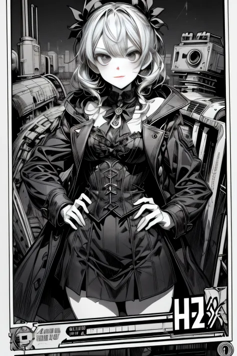 (Comic Noir Style),(linear art_Anime),(black-and-white_High contrast),(masutepiece, Best Quality, ),(Laura Bad Picture:1.2),(Lora Add Details:1.2),8K, Flat color:1.2,1girl in,Chibi,steampunc、machinery background