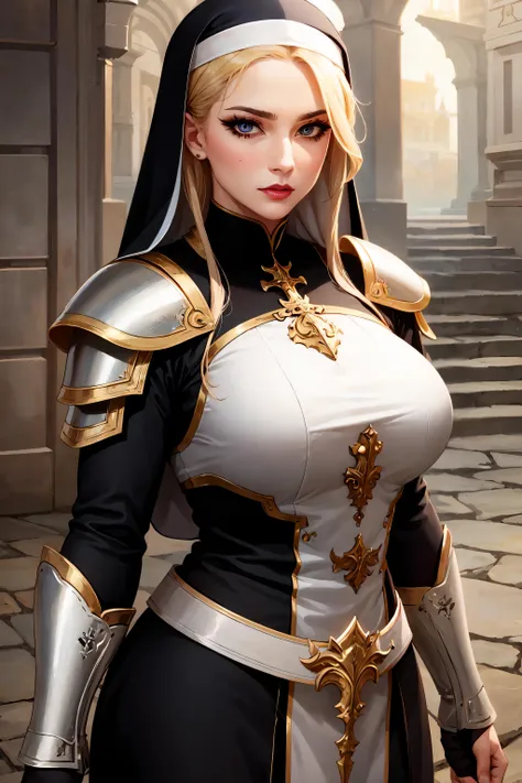 (masterpiece:1.2), (best quality:1.2), perfect eyes, perfect face, volumetric lighting, 1girl, mature female warrior nun, milf, ...