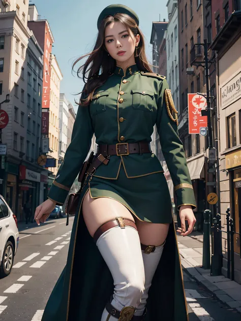 tmasterpiece，A high resolution,Absolutely beautiful，a mature female，European warriors，WWII，Fine and detailed eyes and detailed face，Tall and tall，Wearing an officers uniform，tight uniform，Tight trousers on the lower body，Wear booties，Show knee-length stock...