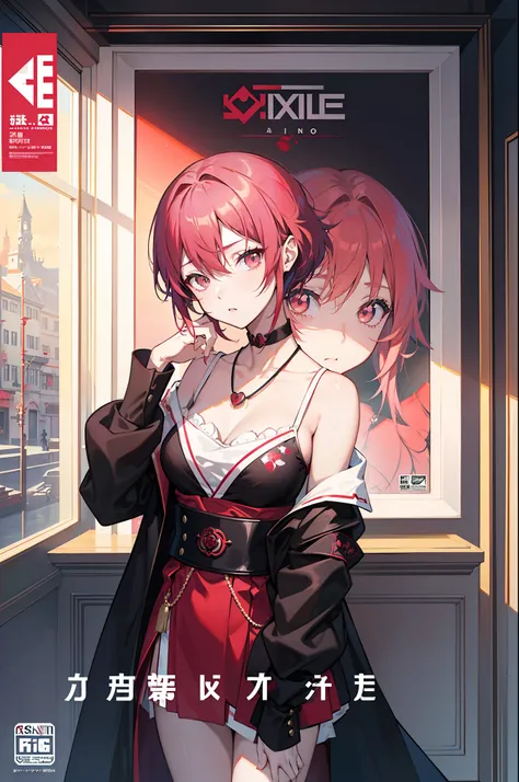 tachi-e (magazine:1.3), (cover-style:1.3), Poster featuring the painting of a young American tomboy girl with pink-red short hair with black choker necklace in a red uniform standing in a room, guweiz on pixiv artstation, beautiful androgynous princess, gu...