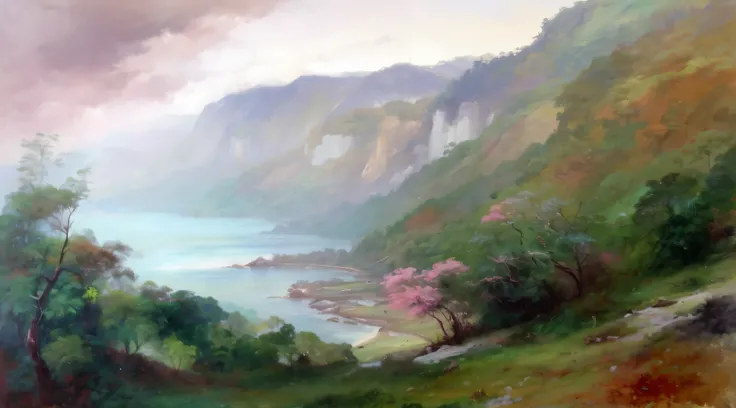 pintura de um rio que atravessa um vale verde exuberante com montanhas ao fundo, colinas fluidas, 8k resolution digital painting, 8k resolution digital painting, Pintura digital 4K, Pintura digital 4k, pintura digital detalhada, baixo detalhamento. pintura...