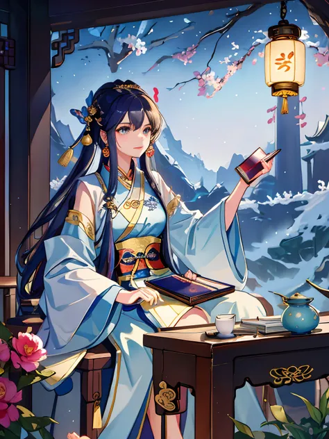 Best quality, Masterpiece, A high resolution, 1girll,Beautiful face,Chinese clothes,White Taoist robes,Being in the room,holding book,bookcase,oil lamp,Warm light