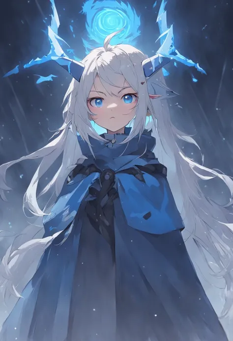 An epic scene in a desolate village reduced to ruin, Its snowing，There is a young girl with white hair，She held a glowing piece of rune paper，Face a skin blue，A giant Handsome demon with big horns