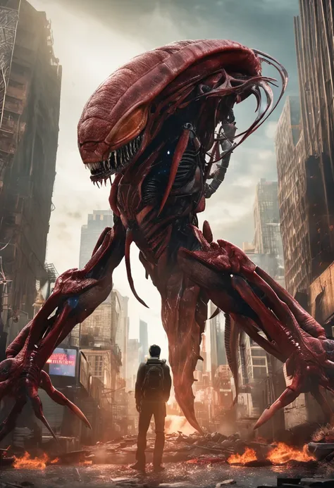 Cinematic image effects，Invading aliens，Invasive crayfish，Huge pliers，uncanny，blood vess，，Murderous，Full body like，combats，The city was destroyed，of a real，Facial features are carefully depicted，Realistic skin texture，Dark style，depth of fields，high light，...