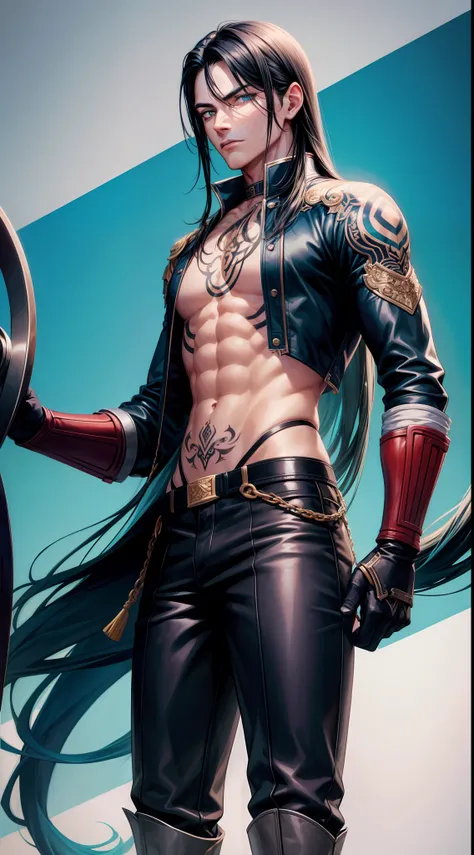 Young man, Long black hair, Cyan eyes, Tatoo, open torso, breeches, Iron hands, tmasterpiece, hiquality