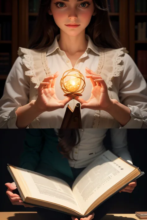 two hands opening a large book and from inside comes a light with beautiful treasures