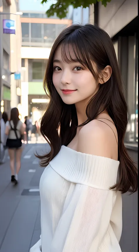 hight resolution, top-quality, Perfect dynamic composition, Beautiful detailed eyes, off shoulders、Radiant hair、Medium Hair, Natural Color Lip, college aged、Harajuku、A slight smil、onepiece