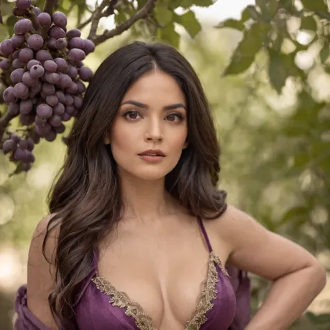 Salma Hayek, smiles slyly, in a wonderful forest, Large plums grow on the tree, Purple bikini, fantasy, fantasy style, good tits, Hot Pose, Hot photo, leans forward, Hands Behind Your Back, magic world, Very realistic, candid photo, Disney style