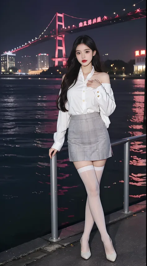 A perfect young female white-collar worker，Chinese big breasts，High picture quality，Works of masters，Black hair，Long hair shawl，Long hair flowing over the shoulders，cropped shoulders，鎖骨，exquisite face，Hydrated red lips，Pink shirt，Banzoe bartic(show legs)，B...