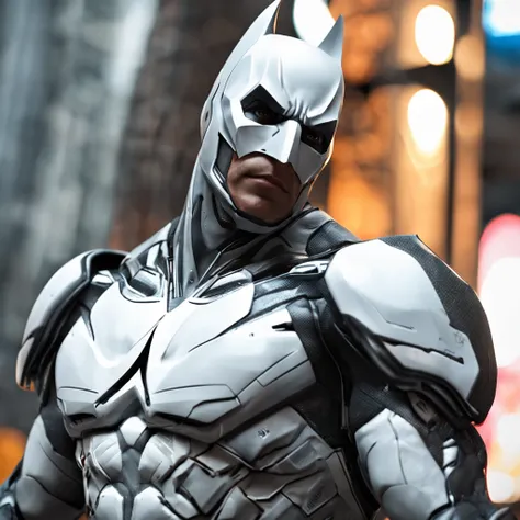 :White Batman realistic focus on an advanced cybernetic masterpiece suit, Kinematic, aerodynamic, alta qualidade ::n_desenho de estilo, Low-quality imperfection, boneco, jogo, anime, 4K, REALISTIC