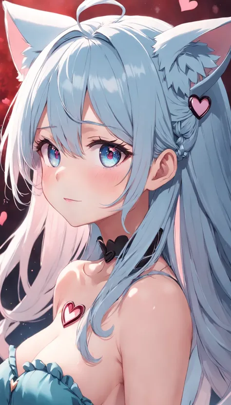 1girll,full bodyesbian,long eyelasher, Silver hair, Light blue hair, Gradient hair, hair pin, Hairpin, hair adornments, Heart-shaped pupils, Pink eyes, Cat ears, Light smile, Shy, Blush, hearts in eyes, anime big breast, Anime style, 8K, Super detail, Best...