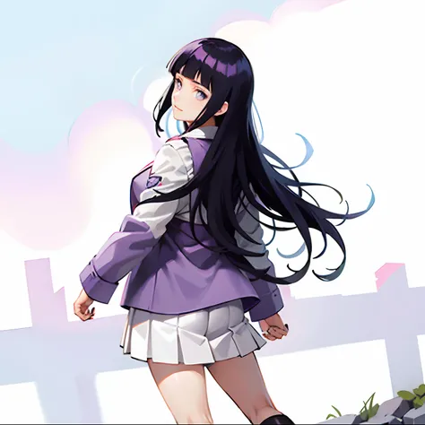 a close up of a person in a purple jacket and long white skirt, hinata hyuga, hinata hyuga from naruto, from behind, look back