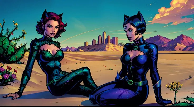 2women, Poison Ivy and Catwoman, relax near nurture lake in desert, many flowers around , DC comics.