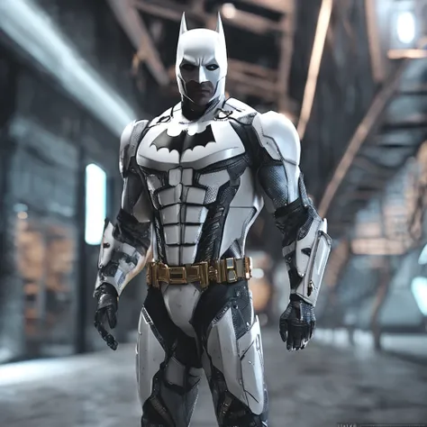 :White Batman realistic focus on an advanced cybernetic masterpiece suit, Kinematic, aerodynamic, alta qualidade ::n_desenho de estilo, Low-quality imperfection, boneco, jogo, anime, 4K, REALISTIC, CENARIO APOCALITICO