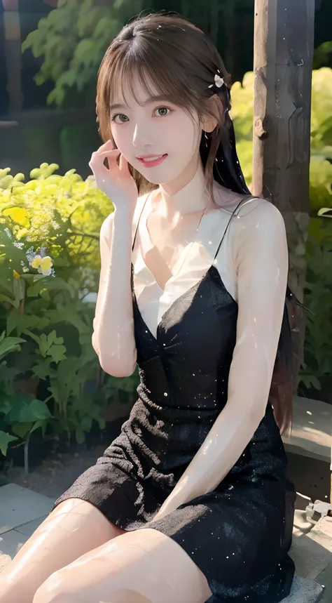 Alafe woman in black dress sitting on bench talking on mobile phone, Gorgeous young Korean woman, sexy dress, Hot with shining sun, beautiful Korean women, Beautiful Asian Girl, Beautiful young Korean woman, shiny black dress, gorgeous chinese model, Beaut...