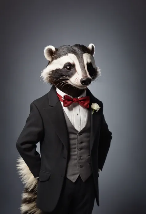 Theres a cartoon badger with a bow tie and a tuxedo, anthropomorphic badger, inspirado por Joseph Badger, texugo texugo, texugo, texugo peludo, smoking, anthropomorphic racoon, um guaxinim vestindo roupas formais, bonito weasel fursona retrato, anthropomor...