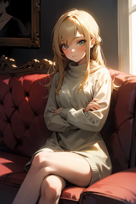 1girl,sitting on a cozy couch,crossing legs,soft light