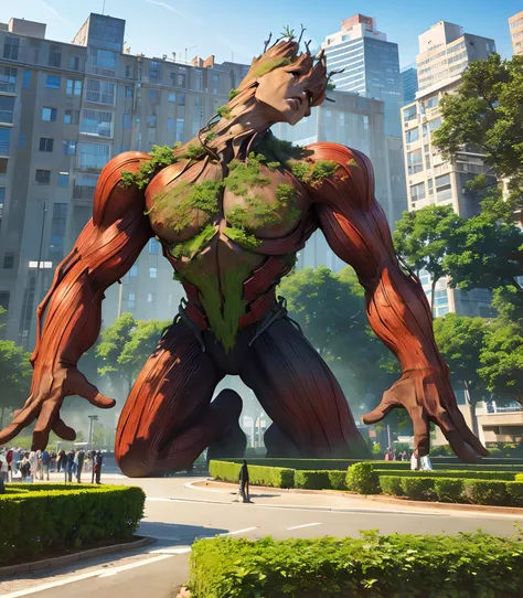 ((iron groot)) , ((giant size)) ,((in many people city)) ,4k, high quality, high resolution, hyper detail, realistic, reality, smooth graphics,3D