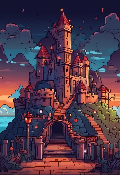 "estilo de plataforma,2d, sem personagens, cartoonizado, Pixelart Scenery Floor and Haunted Castle Background, de noite