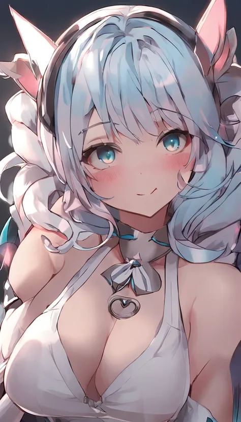 1girll,full bodyesbian,Bigchest,Raised sexy,long eyelasher, Silver hair, Light blue hair, Gradient hair, hair pin, Hairpin, hair adornments, Heart-shaped pupils, Pink eyes, Cat ears, Light smile, Shy, Blush, hearts in eyes, anime big breast, Anime style, 8...