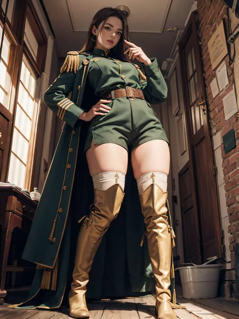 tmasterpiece，A high resolution,Absolutely beautiful，a mature female，European soldiers，Fine and detailed eyes and detailed face，Tall and tall，Tall，Wide buttock，Thick thighs，Wearing a generals uniform，Skinny shorts on the lower body，Wear booties，A small sock...