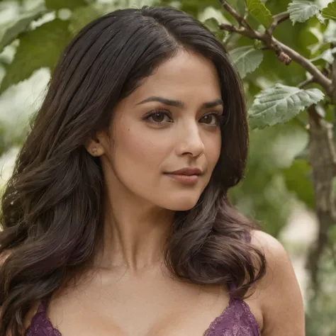 Salma Hayek, Purple bikini, smiles slyly, in a wonderful forest, Large plums grow on a large tree, good tits, Hot Pose, Hot photo, leans forward, Hands Behind Your Back, Very realistic, candid photo