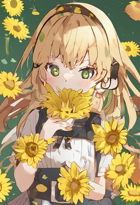 blond hairbl, Sunflower hair ornament，green skirt, Heart-shaped pupils, Yellow eyes,Shy, Kizi，sunflower background， nose blush, anime big breast, Anime style, shadowing, stereograms, character sheets, reference sheet, hyper HD, High details, High quality, ...