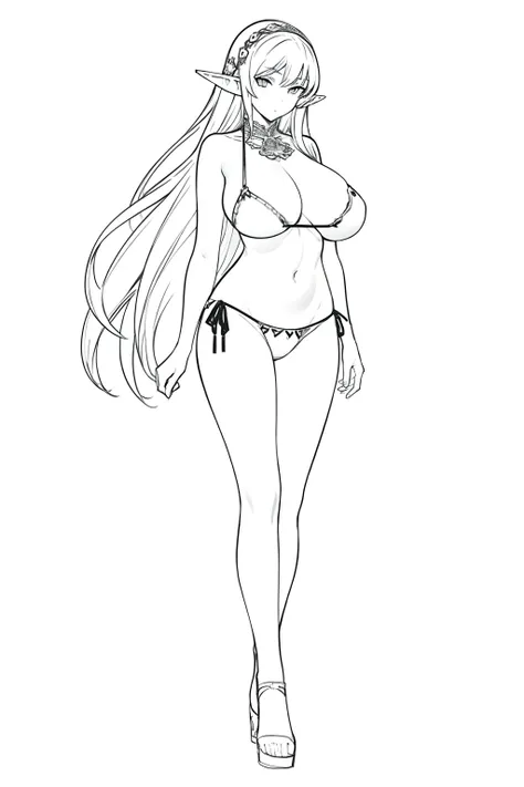 masterpiece, best quality, (detailed background),High contrast,1girl,full body, Bikini, (white background:1.5), ((sketch)), clean lineart, Huge Breasts, Elf, Sexy Pose