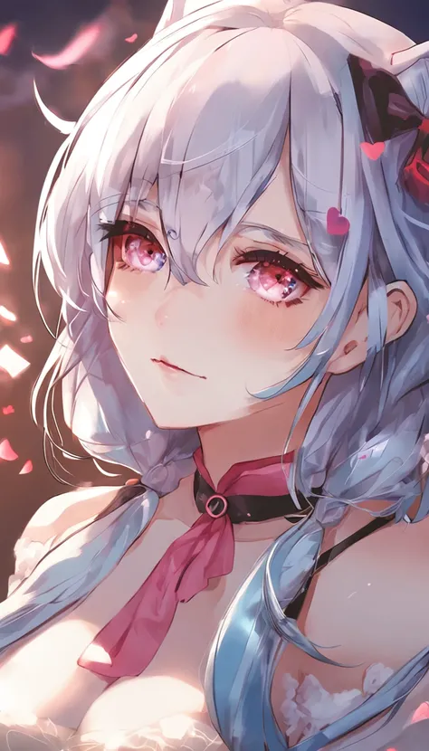 1girll,full bodyesbian,比基尼,long eyelasher, Silver hair, Light blue hair, Gradient hair, hair pin, Hairpin, hair adornments, Heart-shaped pupils, Pink eyes, Cat ears, Light smile, Shy, Blush, hearts in eyes, anime big breast, Anime style, 8K, Super detail, ...